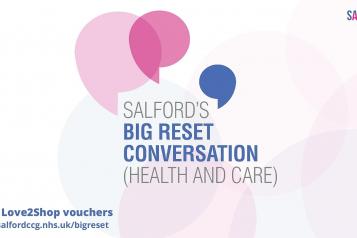 Salford Big Reset Conversation logo. Win £100 Love2Shop voucher. Visit www.salfordccg.nhs.uk/bigreset
